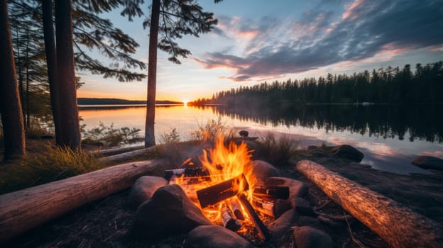 Beautiful campfire in the evening at the forest. Neural network AI generated art