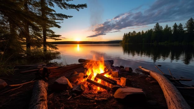 Beautiful campfire in the evening at the forest. Neural network AI generated art