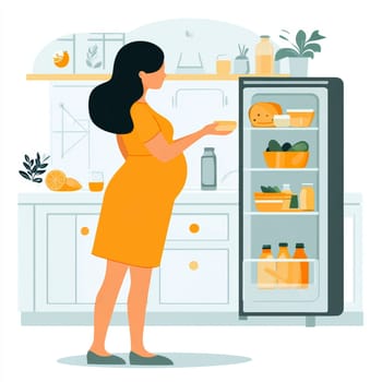 A pregnant woman is opening the refrigerator. AI generative.