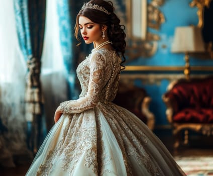 elegant woman from the Victorian era standing in a richly decorated parlor. AI generative.