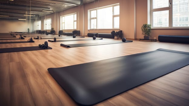 Unrolled yoga mat on wooden floor in modern fitness center or at home with big windows. Neural network AI generated art