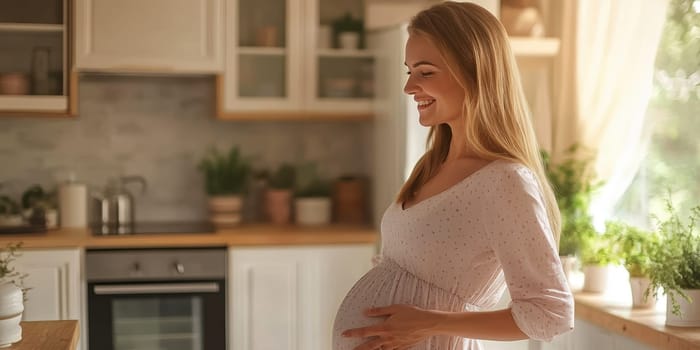 A pregnant woman is opening the refrigerator. AI generative.