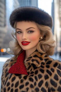 Photographs of women styled in the 1940s-50s taken on the streets of American cities. AI generative.