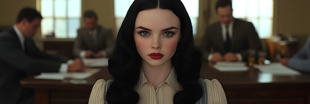 a vintage woman with black hair posing in front of a desk in an office,. AI generative.