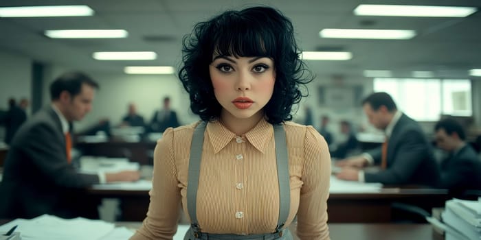a vintage woman with black hair posing in front of a desk in an office,. AI generative.