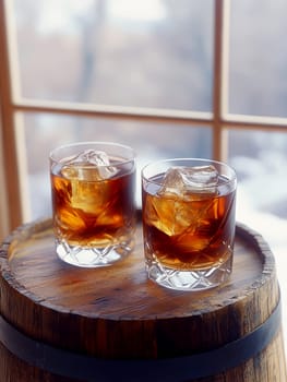 Two elegant, crystal-clear glasses of whiskey with ice cubes. AI generative.