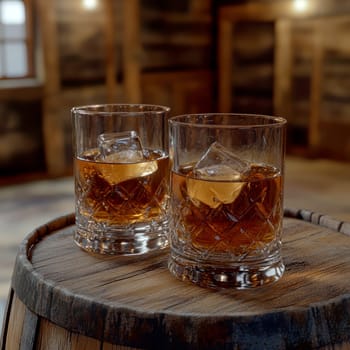 Two elegant, crystal-clear glasses of whiskey with ice cubes. AI generative.