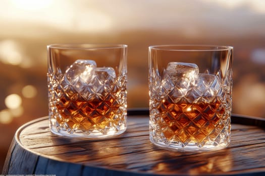 Two elegant, crystal-clear glasses of whiskey with ice cubes. AI generative.