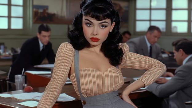 a vintage woman with black hair posing in front of a desk in an office,. AI generative.