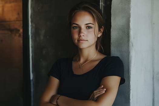 A confident young woman stands indoors, arms crossed, wearing a black shirt, looking directly at the camera.