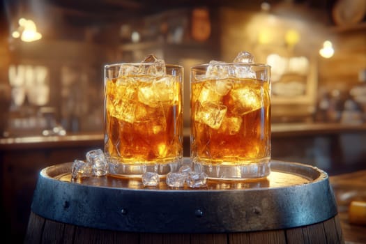 Two elegant, crystal-clear glasses of whiskey with ice cubes. AI generative.