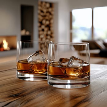 Two elegant, crystal-clear glasses of whiskey with ice cubes. AI generative.