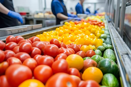Colorful fresh produce including tomatoes and cucumbers on a conveyor belt in a food processing facility.