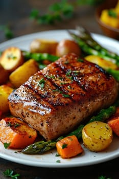 cooked duck breast, accompanied by a variety of caramelized vegetables. AI generative.