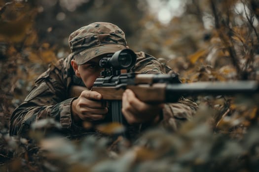 A soldier in camouflage gear aims through a rifle scope while concealed in a dense forest environment.