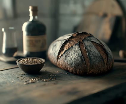 A rustic loaf of bread lying on a wooden table. AI generative.