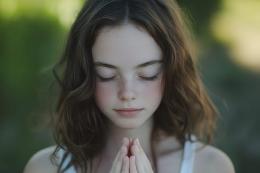 A serene young girl with closed eyes meditates, embodying tranquility in a natural setting.
