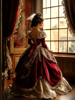 elegant woman from the Victorian era standing in a richly decorated parlor. AI generative.