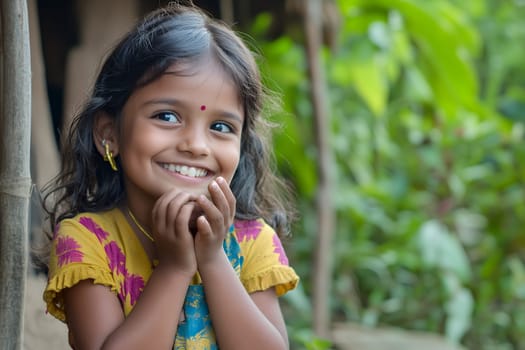 A young girl beams with joy, wearing a colorful dress, surrounded by lush greenery in a rural setting.