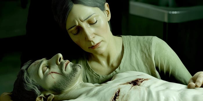 Mother of God with the dying Jesus in her arms. AI generative.