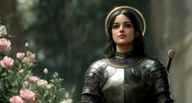 Joan of Arc, set against a dark background adorned with subtle flowers.  AI generative.