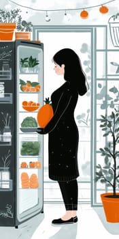 A pregnant woman is opening the refrigerator. AI generative.