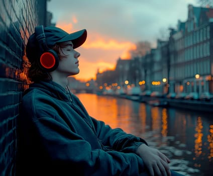 A young man leaning against a wall near the canals, wearing an oversized sweater and a baseball cap, listening to music through his vintage headphones. AI generative.