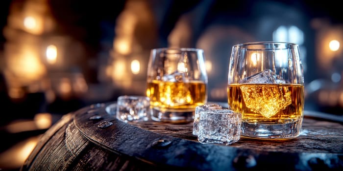 Two elegant, crystal-clear glasses of whiskey with ice cubes. AI generative.