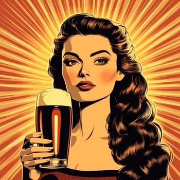 A woman styled in the 1950s holding a glass of beer. Vintage poster. AI generative.