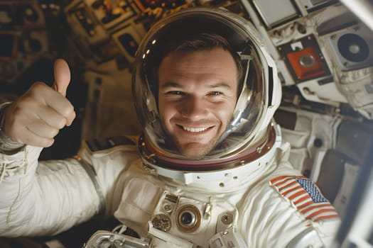 A smiling astronaut giving a thumbs-up inside a spacecraft, embodying courage and exploration.