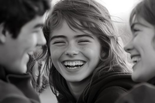 A black and white photo capturing a group of friends sharing a joyful moment and laughing together.
