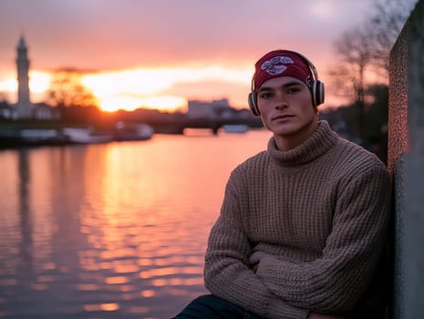 A young man leaning against a wall near the canals, wearing an oversized sweater and a baseball cap, listening to music through his vintage headphones. AI generative.