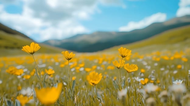 A field of yellow wildflowers with mountains in the background, capturing the essence of springtime beauty.