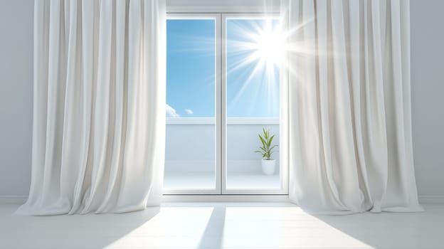 Bright sunlight streams through sheer white curtains, casting soft shadows on a minimalist interior.