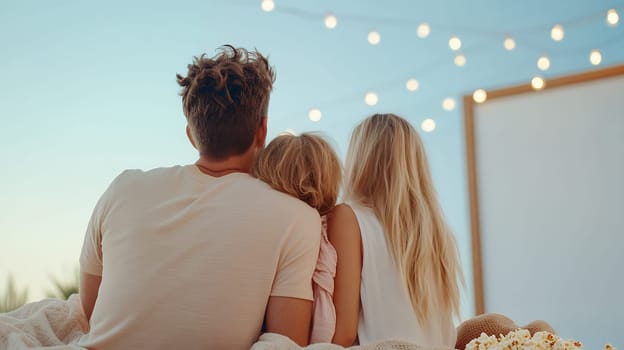 A family enjoys a cozy movie night outdoors under string lights, creating a warm and inviting atmosphere.