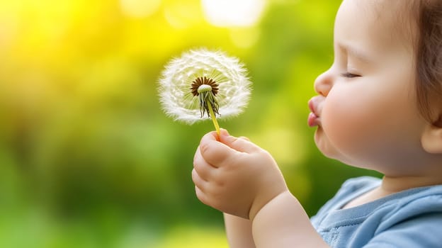 A baby gently blowing a dandelion, surrounded by a warm, sunny glow, capturing a moment of innocence.
