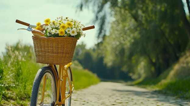 A yellow bicycle with a basket filled with white and yellow daisies on a sunlit path in the park.