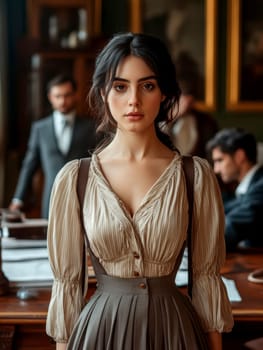 a vintage woman with black hair posing in front of a desk in an office,. AI generative.
