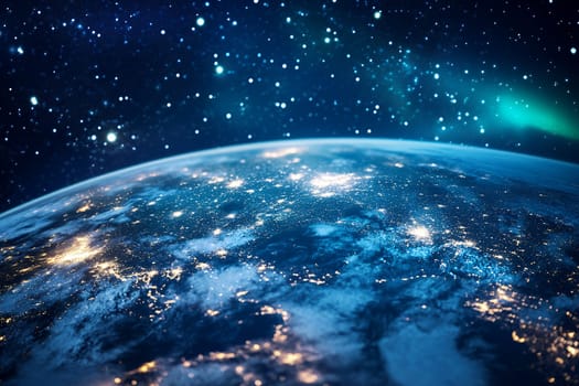 Stunning view of Earth from space, surrounded by countless stars, capturing the planet's beauty and vastness.