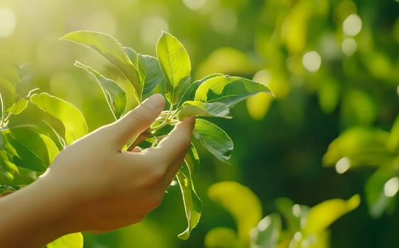 A gentle touch on bright green leaves basking in sunlight, symbolizing the connection with nature and growth.