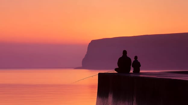 A serene silhouette of two people fishing at dusk, with a stunning pink and orange sky over calm waters.