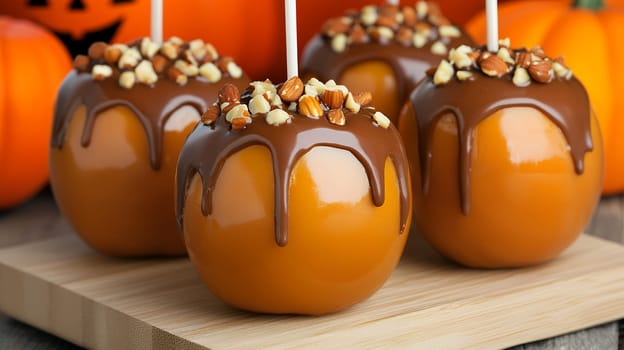 Decorated caramel apples with nut topping, ready for Halloween festivities, set against a backdrop of pumpkins.