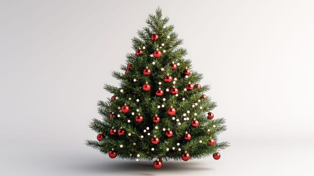 A 3D-rendered image of a beautifully decorated Christmas tree, adorned with simple white lights and vibrant red ornaments, capturing the essence of holiday elegance and charm.
