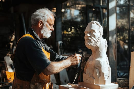 A skilled craftsman meticulously polishing a wooden sculpture in a sunlit workshop. The image captures the intricate details and artistry of handmade woodwork.