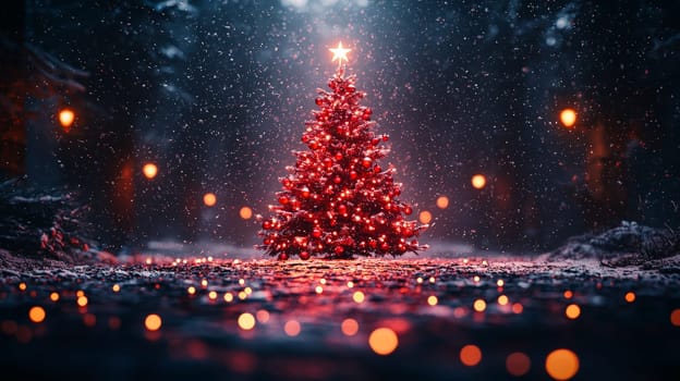 A 3D-rendered image of a beautifully decorated Christmas tree, adorned with simple white lights and vibrant red ornaments, capturing the essence of holiday elegance and charm.