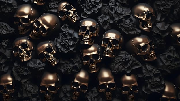 Background of many metal skulls. Neural network AI generated art