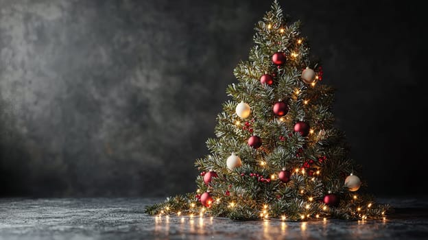 A 3D-rendered image of a beautifully decorated Christmas tree, adorned with simple white lights and vibrant red ornaments, capturing the essence of holiday elegance and charm.
