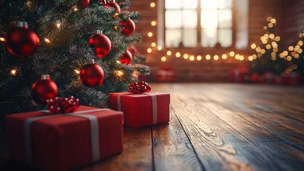 A 3D-rendered image of a beautifully decorated Christmas tree, adorned with simple white lights and vibrant red ornaments, capturing the essence of holiday elegance and charm.
