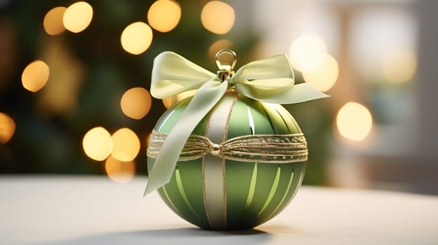 Green ball for the Christmas tree with a gold bow. Neural network AI generated art