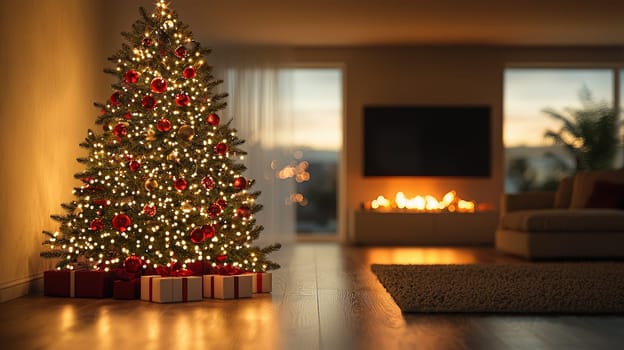 A 3D-rendered image of a beautifully decorated Christmas tree, adorned with simple white lights and vibrant red ornaments, capturing the essence of holiday elegance and charm.